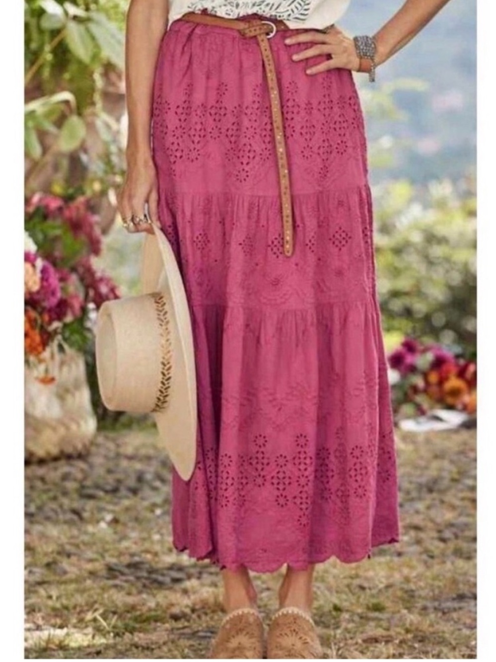 Sundance Bastilla Tiered Pink Eyelet Boho Skirt
